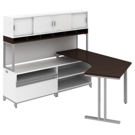 Bush Business Furniture Momentum Floating Dog-Leg Left-Hand L-Station Desk With Hutch And Storage, 62 1/8"H x 71 3/16"W x 81 11/16"D, Modern Cherry, Standard Delivery Service