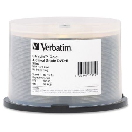 Verbatim DVD-R 4.7GB 16X UltraLife Gold Archival Grade with Branded Surface and Hard Coat - 50pk Spindle