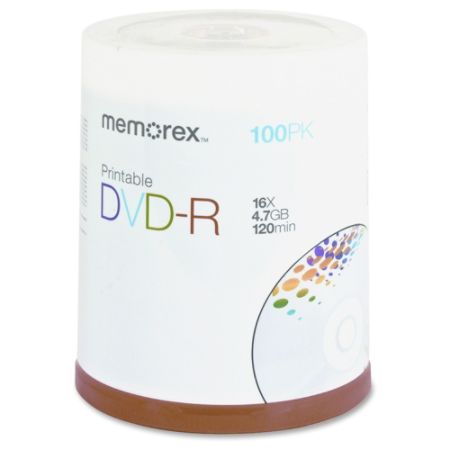 Memorex&reg; F94679 Inkjet Printable DVD-R Disc Spindle, Silver, Pack Of 100