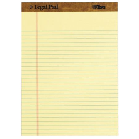 TOPS The Legal Pad Ruled Top Perforated Pad - 50 Sheets - Printed - Double Stitched - 16 lb Basis Weight - 8.50" x 11.75" - Canary Paper - 1Dozen