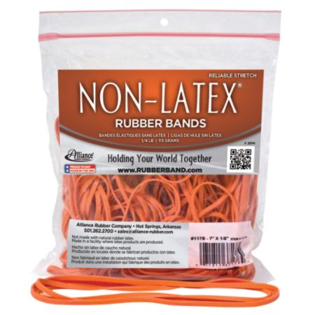 Alliance&reg; Rubber Latex-Free Rubber Bands, #117B (7" x 1/8"), Orange, 0.25 Lb. Bag