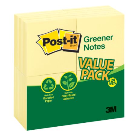 Post-it&reg; 100% Recycled 3" x 3" Notes, Canary Yellow, 100 Sheets Per Pad, Pack Of 24 Pads