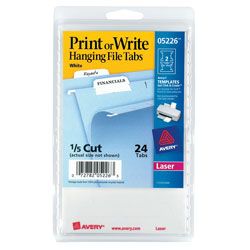 Avery&reg; Print-Or-Write Color Permanent Laser Hanging File Tab Labels, 3 1/16", White, Pack Of 24