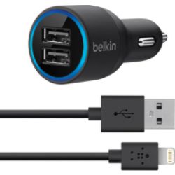 Belkin&reg; Dual Car Charger With Lightning-To-USB Cable, Black
