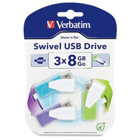 Verbatim 8GB Swivel USB Flash Drive - 3pk - Blue, Green, Violet