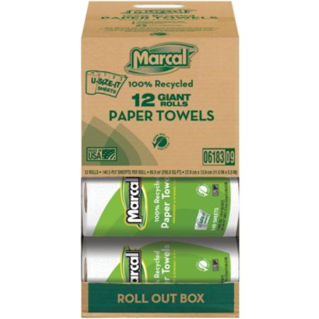 Marcal&reg; 100% Recycled U-size-it Paper Towel Rolls, 2-Ply, 140 Sheets Per Roll, Carton Of 12 Rolls