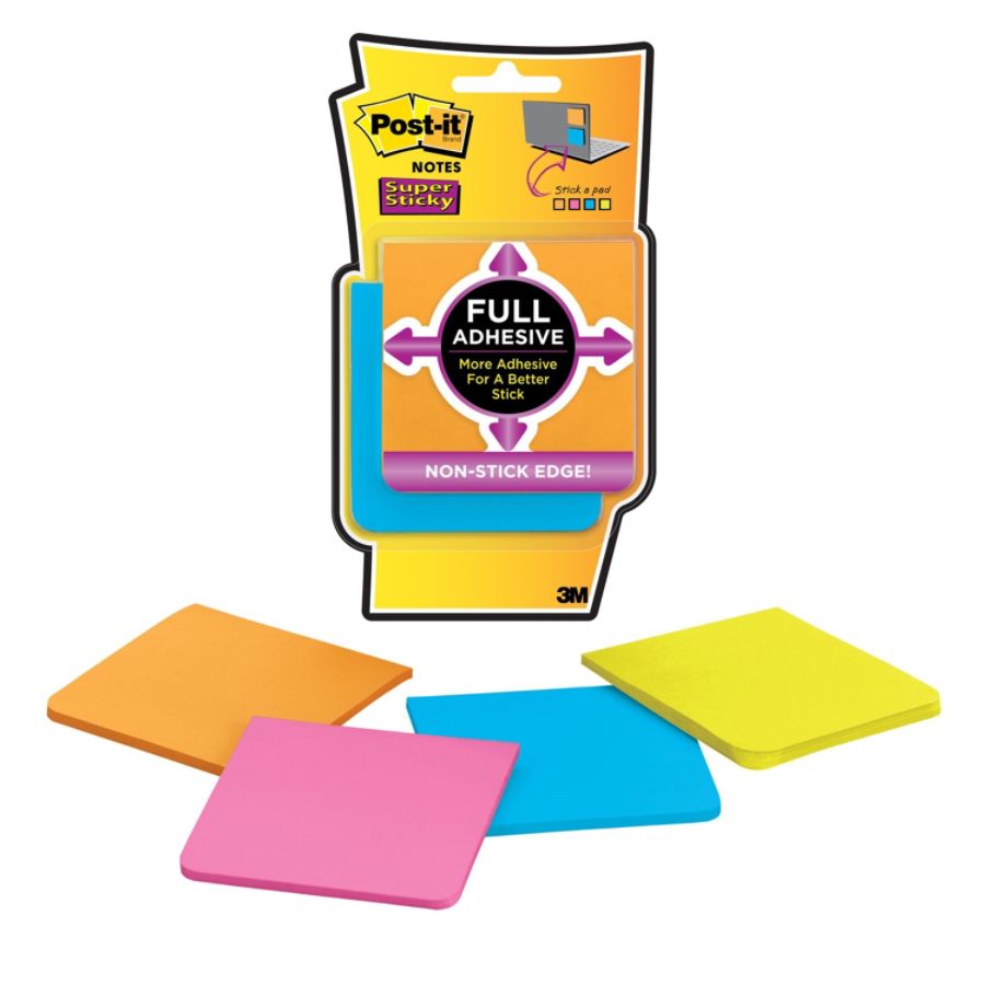 Post-it&reg; Super Sticky Full Adhesive Notes, 3" x 3", Assorted Bright Colors, 25 Sheets Per Pad, Pack Of 4 Pads