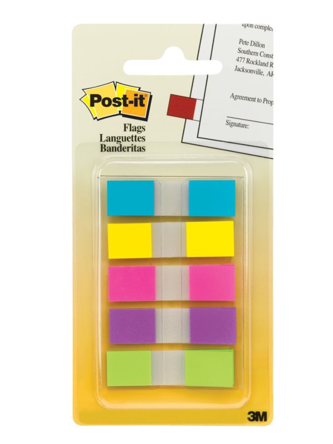 Post-it&reg; Flags, 1/2" x 1 7/10", Assorted Bright Colors, 20 Flags Per Pad, Pack Of 5 Pads