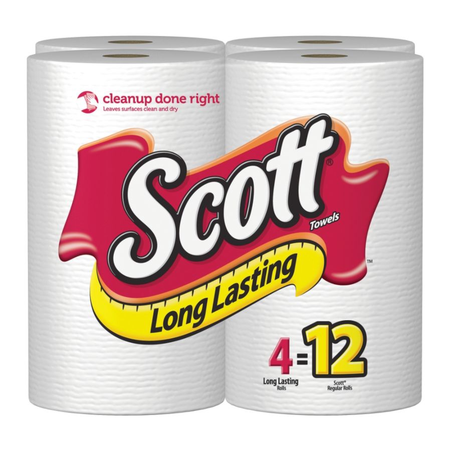 Scott&reg; 1-Ply Long-Lasting Paper Towels, 11" x 11", White, 150 Sheets Per Roll, Pack Of 4 Rolls