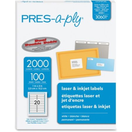 PRES-a-ply Standard Shipping Label - Permanent Adhesive - 1" Width x 4" Length - Rectangle - Laser - White - 2000 / Box