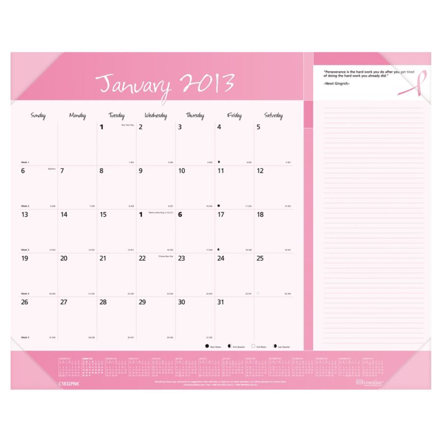 Brownline&reg; 50% Recycled Pink Ribbon Desk Pad Calendar, 22" x 17", January-December 2013