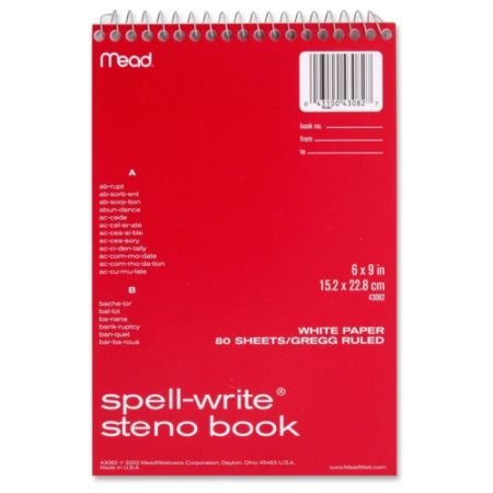 MeadWestvaco Spell-Write Steno Book - 80 Sheet - 6" x 9" - White