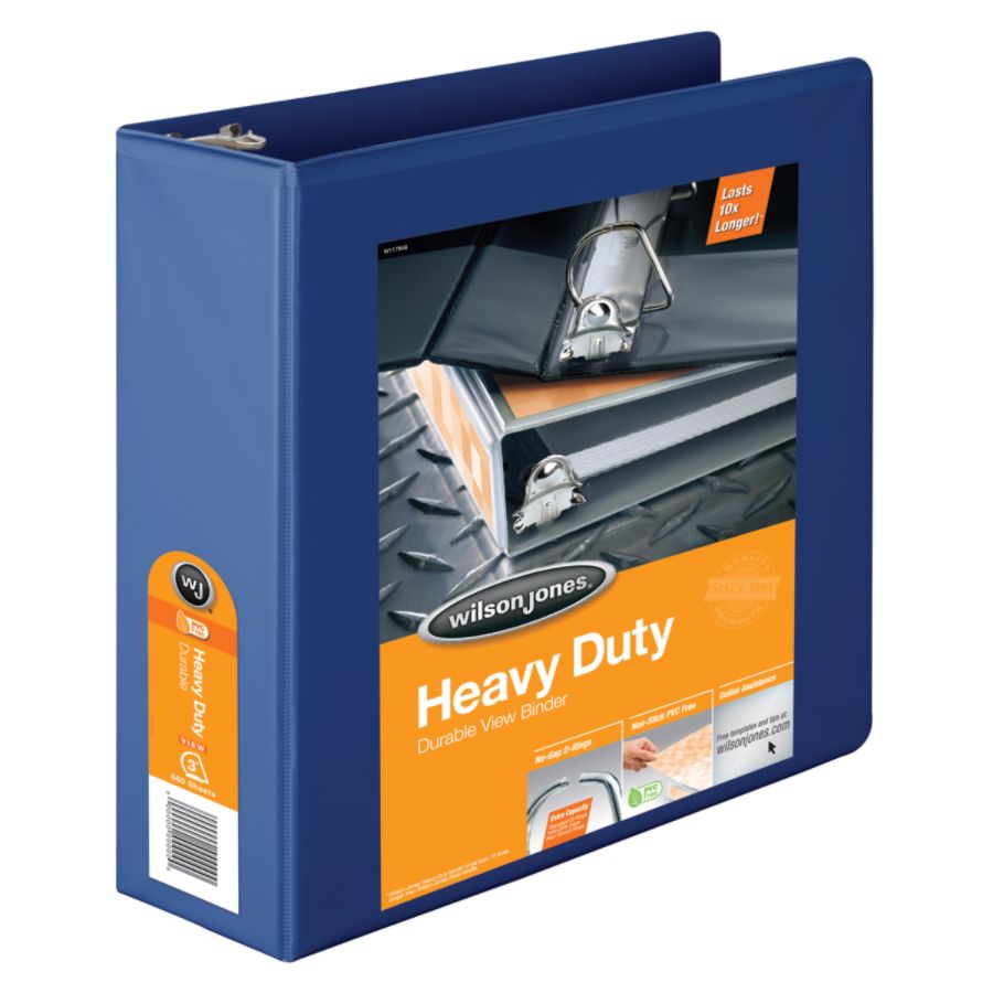 Wilson Jones&reg; 385 Heavy-Duty View Binder With No-Gap D-Rings, 3" Rings, 48% Recycled, Blue