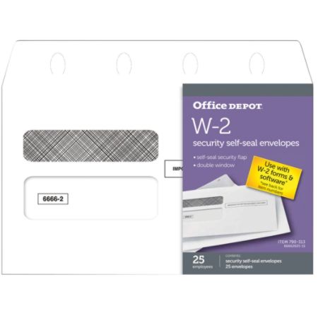 Office Depot&reg; Brand Double-Window Self-Seal Envelopes For W-2 Forms, 5 5/8" x 9 1/4", White, Pack Of 25