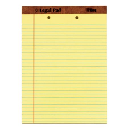 TOPS&trade; 2-Hole Punched Perforated Writing Pads, 8 1/2" x 11 3/4", Legal Ruled, 50 Sheets, Canary, Pack Of 12 Pads
