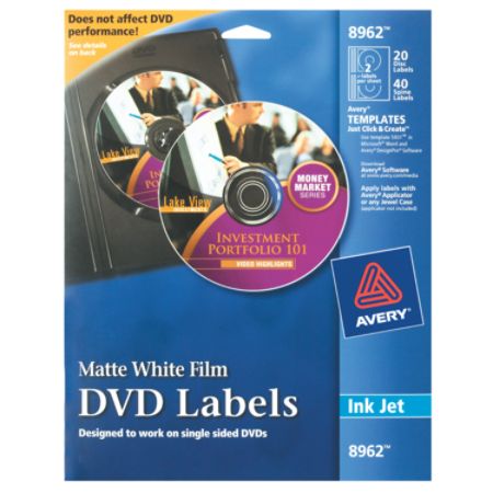 Avery&reg; Matte White Inkjet DVD Labels, 4 1/2" Diameter, Pack Of 20