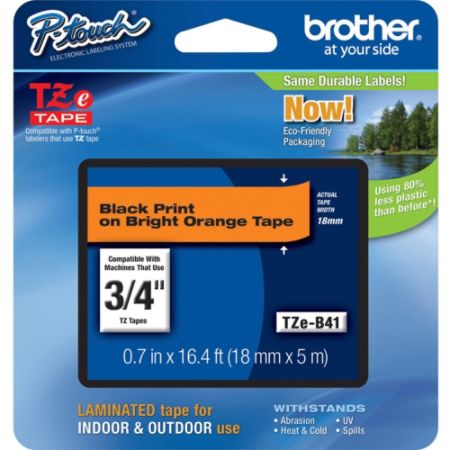 Brother&reg; TZe-B41 Black-On-Fluorescent-Orange Tape, 0.75" x 16.4'