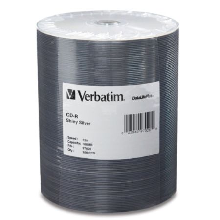 Verbatim CD-R 700MB 52X DataLifePlus Shiny Silver Silk Screen Printable - 100pk Tape Wrap Spindle