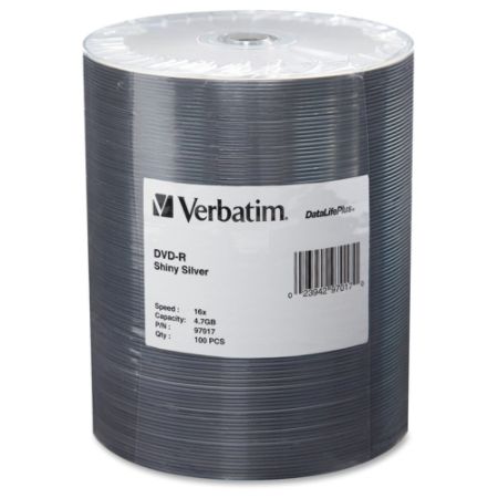 Verbatim DVD-R 4.7GB 16X DataLifePlus Shiny Silver Silk Screen Printable - 100pk Tape Wrap