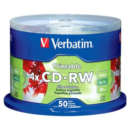 Verbatim CD-RW 700MB 2X-4X DataLifePlus Silver Inkjet Printable with Branded Hub - 50pk Spindle - TAA Compliant