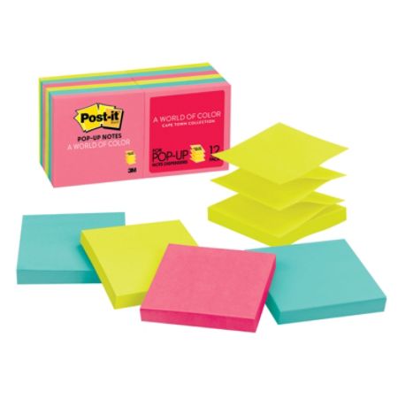 Post-it&reg; Pop-Up Notes, 3" x 3", Cape Town Collection, 100 Sheets Per Pad, Pack Of 12 Pads