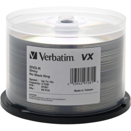 Verbatim DVD-R 4.7GB 16X VX Shiny Silver Silk Screen Printable - 50pk Spindle - TAA Compliant