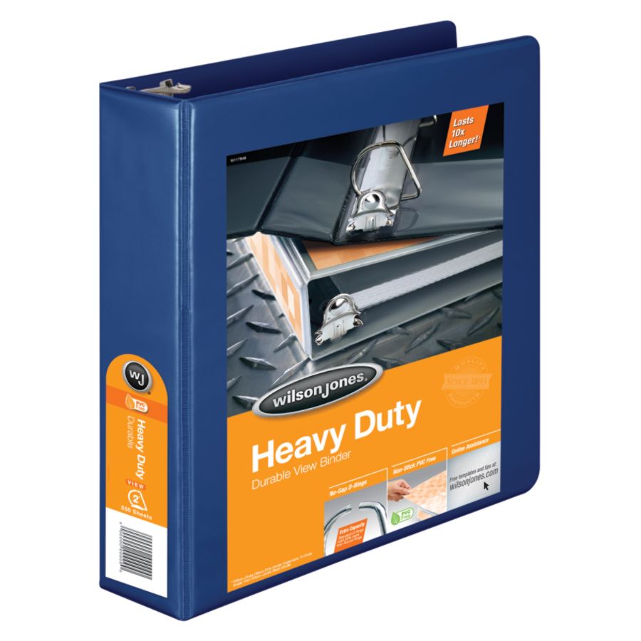 Wilson Jones&reg; 385 Heavy-Duty View Binder With No-Gap D-Rings, 2" Rings, 48% Recycled, Blue