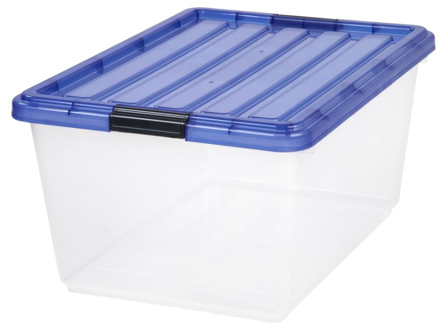 IRIS&reg; Buckle-Down Plastic Storage Box, 44 Qt, 21 3/4"H x 15 3/4"W x 10 5/8"L, Clear/Purple
