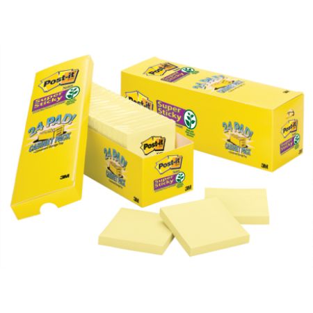 Post-it&reg; 3" x 3" Super Sticky Notes, Canary Yellow, 90 Sheets Per Pad, Pack Of 24 Pads