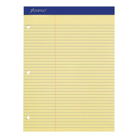 Ampad&reg; Perforated 3-Hole Punched Dual Writing Pad, 8 1/2" x 11 3/4", Canary, 100 Sheets Per Pad
