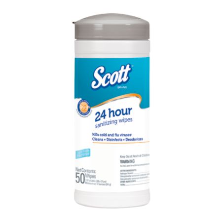 Scott&reg; 24-Hour Sanitizing Wipes, Unscented, 8 4/5" x 6 7/10", White, Case of 12