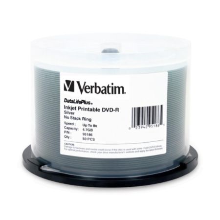 Verbatim DVD-R 4.7GB 8X DataLifePllus Silver Inkjet Printable - 50pk Spindle - TAA Compliant