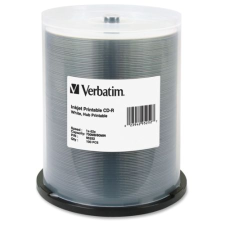 Verbatim CD-R 700MB 52X White Inkjet Printable, Hub Printable - 100pk Spindle