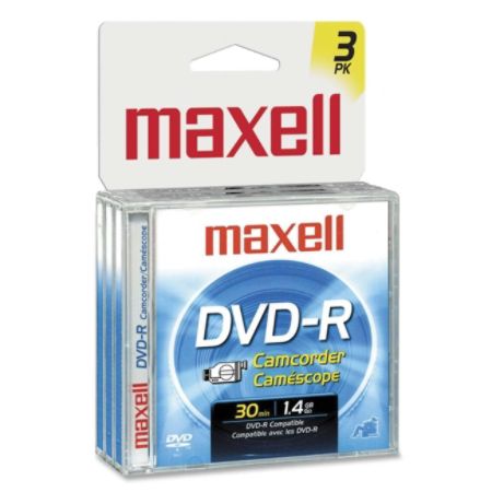 Maxell&reg; Mini DVD-R Recordable Printable Media With Jewel Cases, For Camcorders, Mini Size (8-cm Diameter), 1.4GB/30 Minutes, Pack Of 3