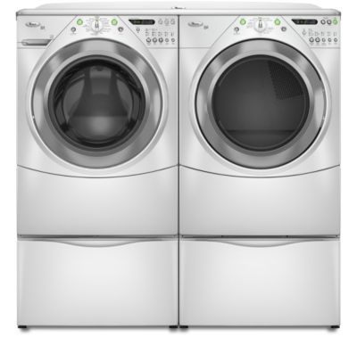 Shown with optional washer, 15-inch pedestals, and work surface