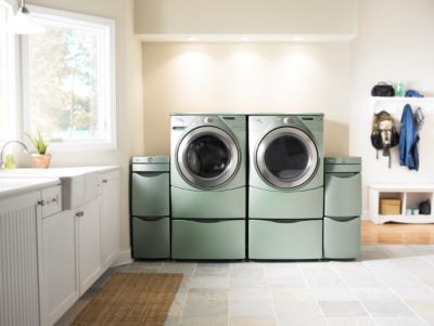 Shown With Washer Installed (With Optional Work Surface And Both With Optional Pedestals)