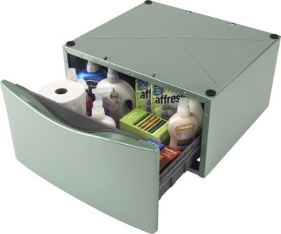 Pedestal drawer open, shown filled. Contents not included.