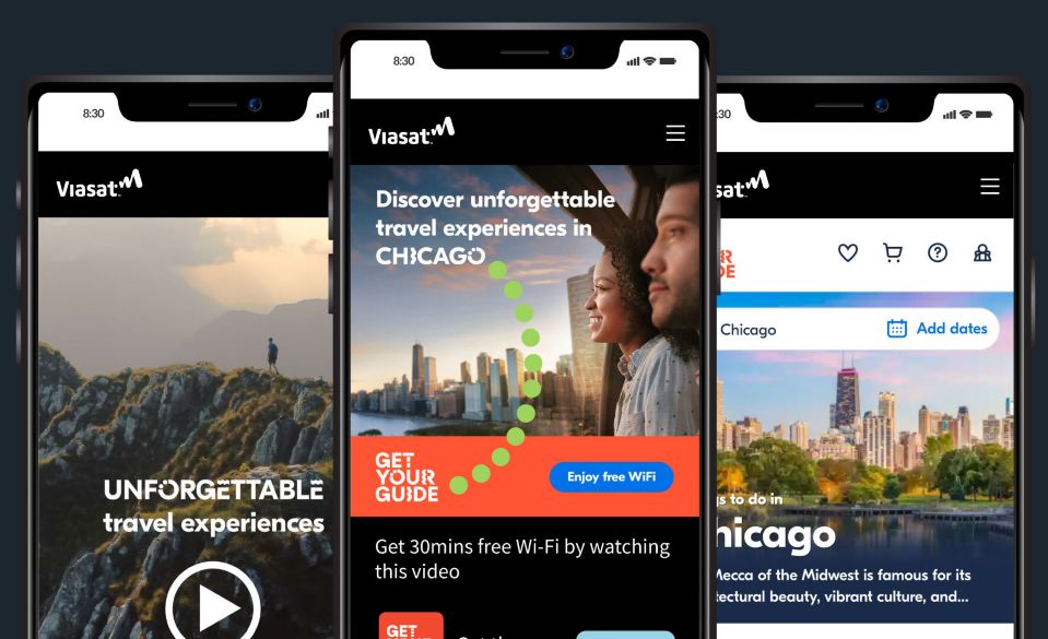 Three cell phones side by side, show access to Viasat-hosted advertisements.