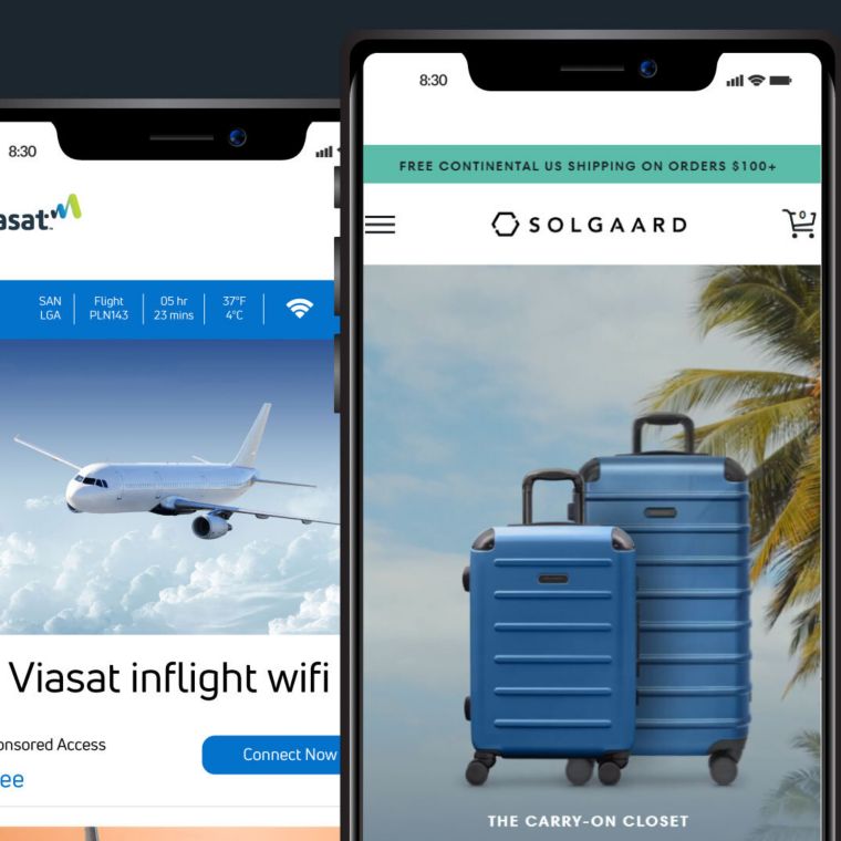 Three cell phones show different screens of the Viasat inflight advertising platform.