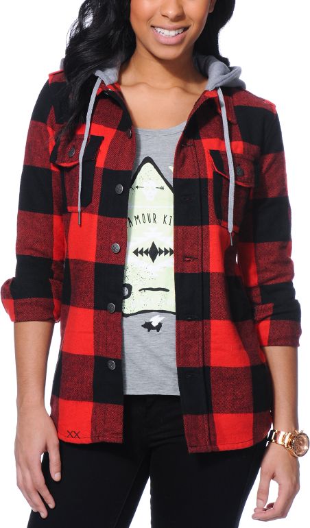 red flannel with grey hoodie