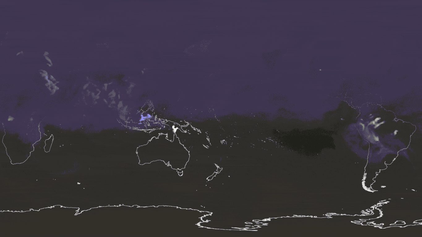 A data visualization showing a map of the Earth with the northern half obscured by purple shading. The southern continents including the tip of Africa, Australia, South America, and Antarctica appear as white lines on a black background. 