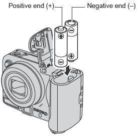 Installing the batteries and memory card into a PowerShot A720 IS.