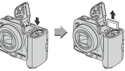 Installing the batteries and memory card into a PowerShot A720 IS.