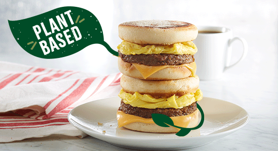 Stacked breakfast egg and chees sandwich with Jimmy Dean Plant Base sausage