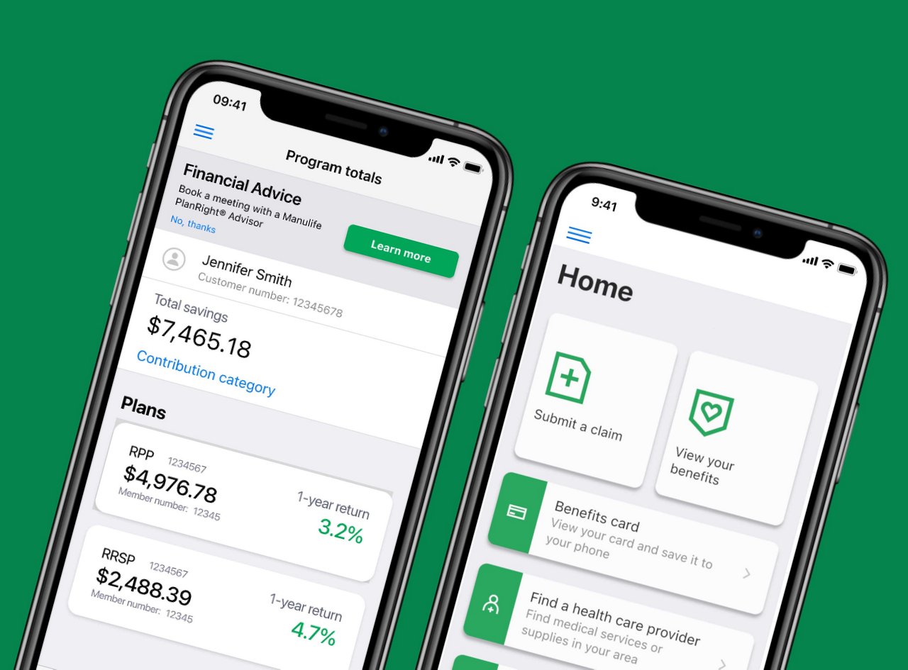 Mobile phone displaying group retirement and group benefits pages on Manulife mobile app
