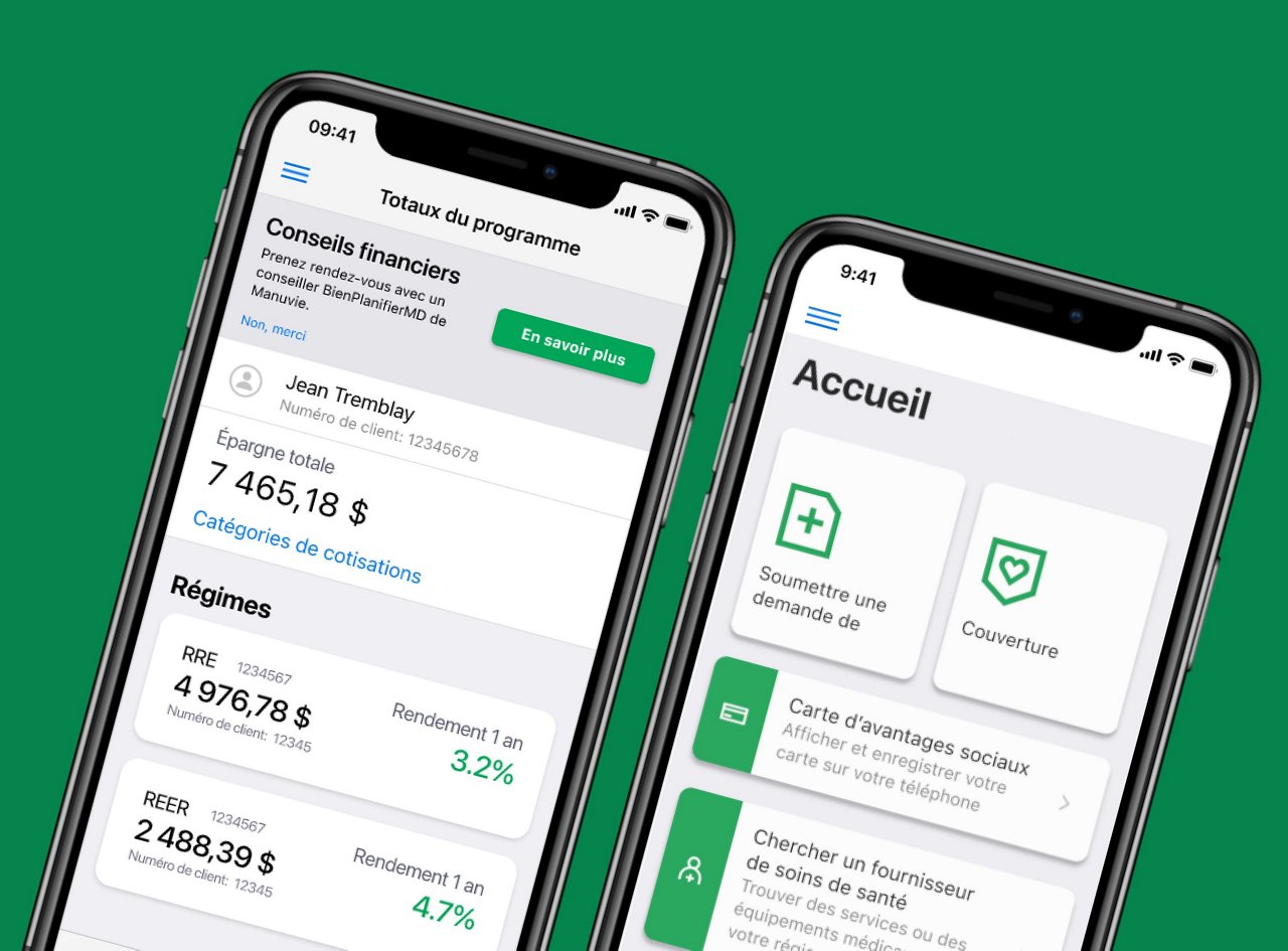 Mobile phone displaying group retirement and group benefits pages on Manulife mobile app