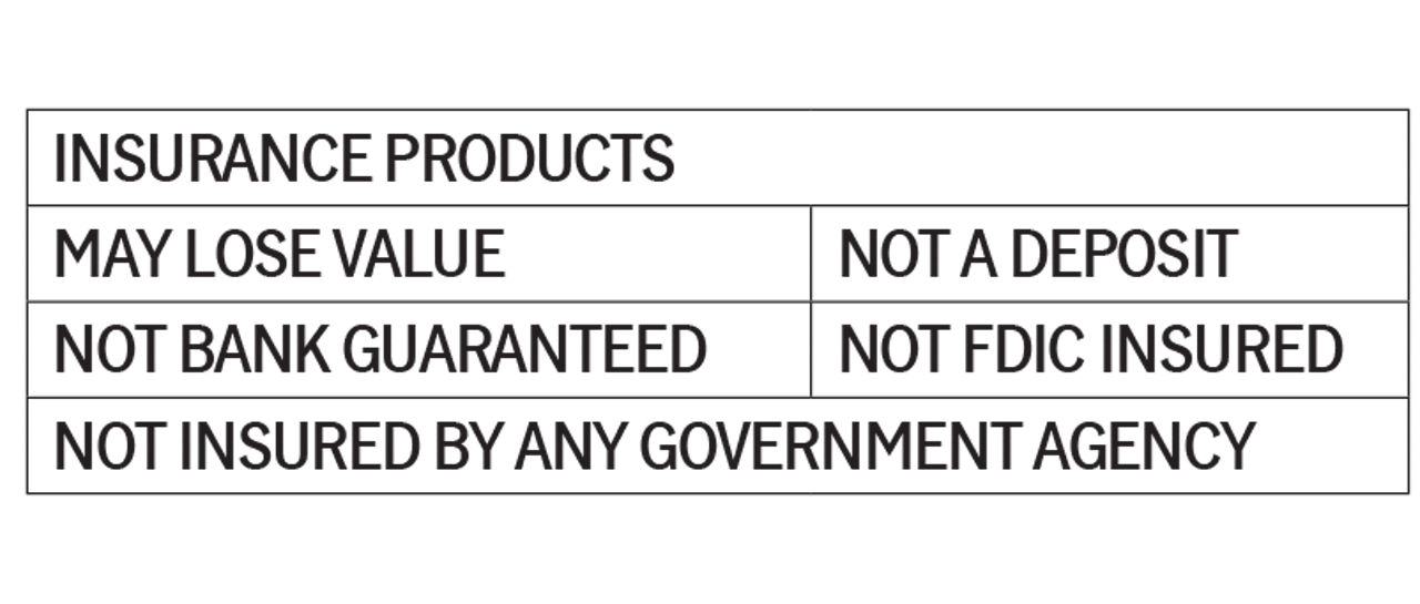 Insurance products disclosure box stating: May lose value; not a deposit; not bank guaranteed; not FDIC insured; not insured by any government agency.