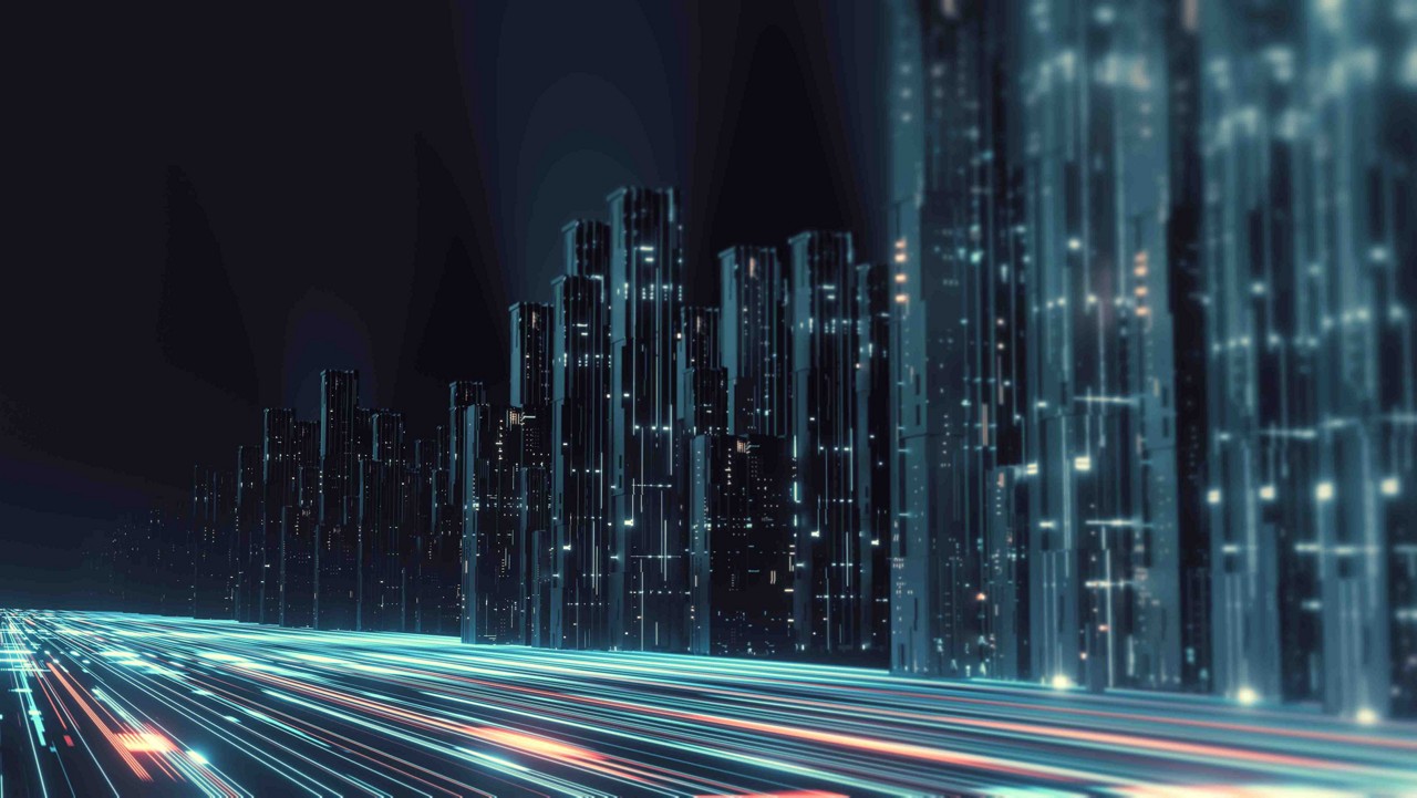 3D Rendering of abstract highway path through digital binary towers in city. Concept of big data, machine learning, artificial intelligence, hyper loop, virtual reality, high speed network.