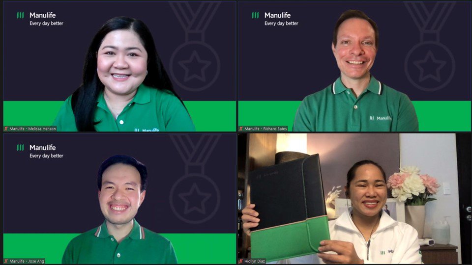 (Upper L-R) Manulife PH Chief Marketing Officer Melissa Henson and Manulife PH President and Chief Executive Officer Richard Bates  (Lower L-R) Manulife PH Chief Product Officer Jose Ang and Olympic gold medalist Hidilyn Diaz