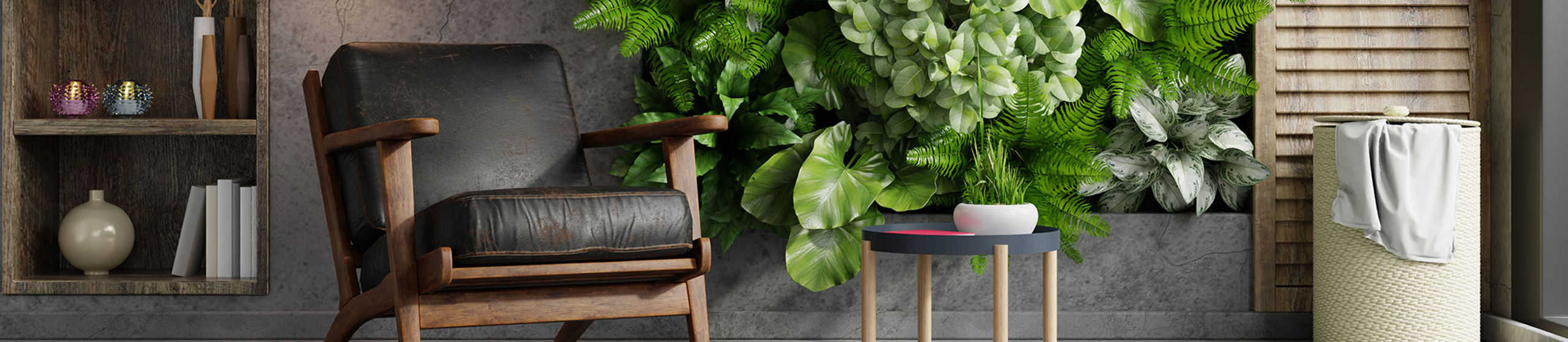 A contemporary living room features a dramatic vertical garden of lush green foliage against a textured gray wall. A mid-century style armchair with leather upholstery and wooden frame sits beside a small round side table. Built-in shelves display decorative objects, while pendant lights hang overhead adding warm illumination. Wooden slats on the right and neutral tones throughout create a cozy, natural atmosphere.